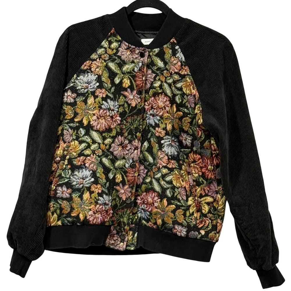 Floral Tapestry Bomber Jacket Corduroy Sleeve Whimsigoth Honey Punch Womens Sz S